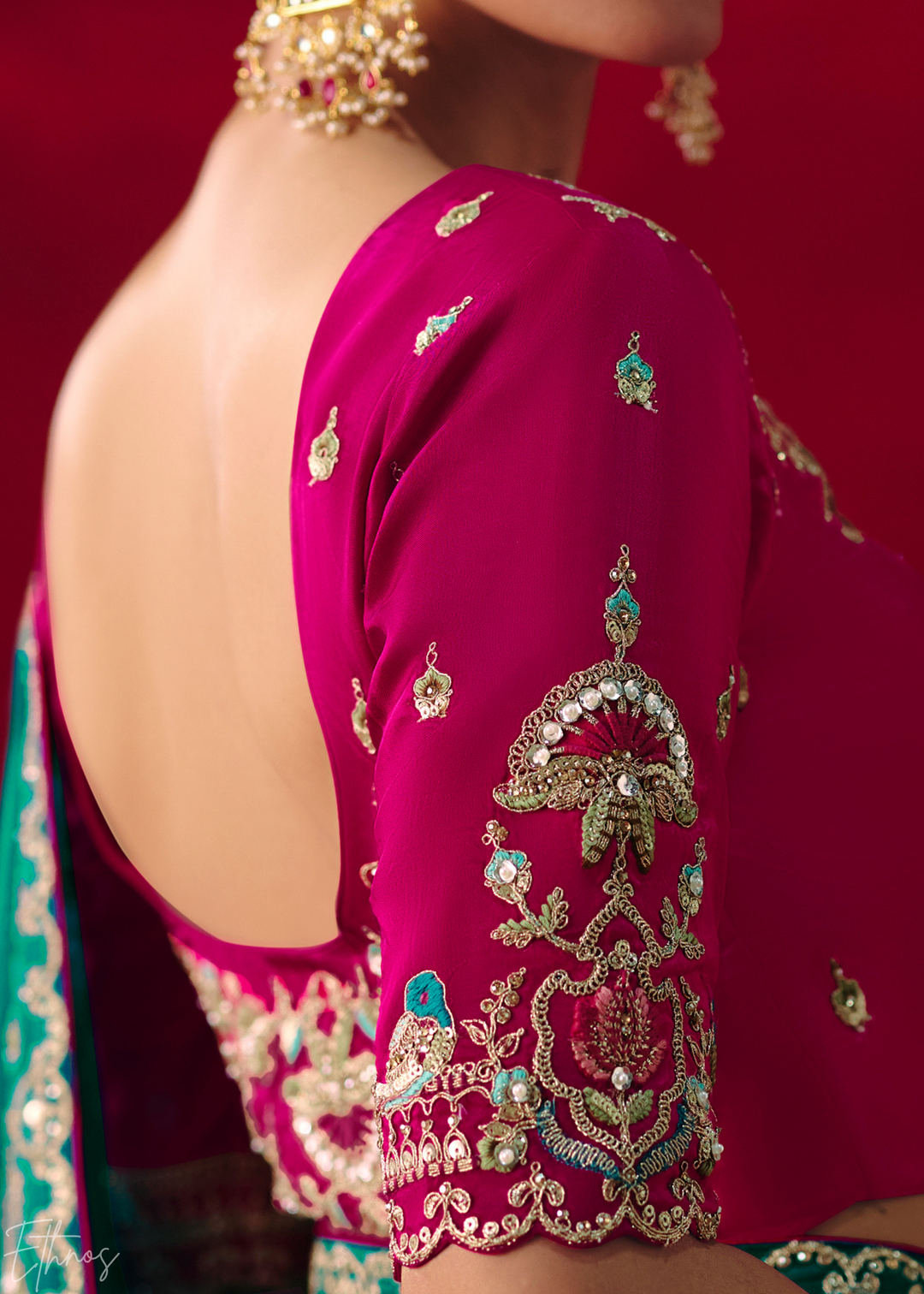 Teal blue Floral Sequin Embroidered Organza Tissue Saree