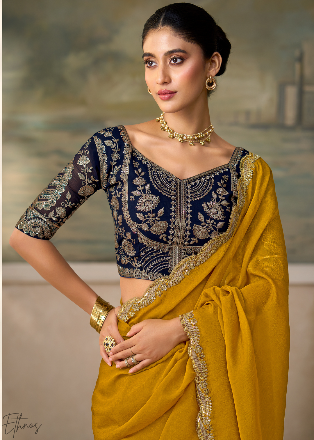 Olive Gold Ruffle Border Georgette Saree