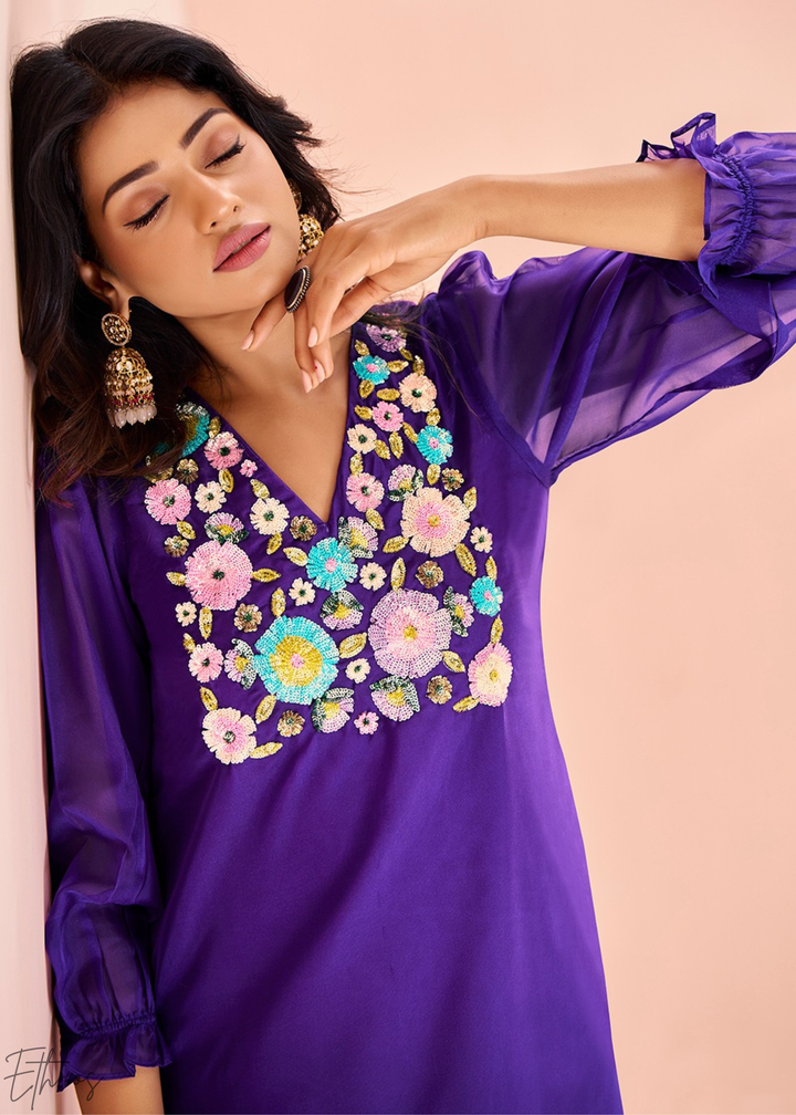 Electric Blue Embroidered Organza Pant Suit
