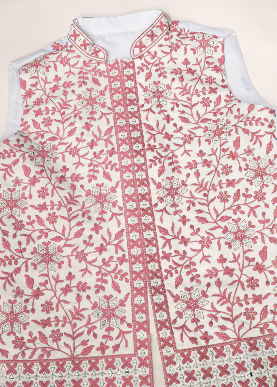 White Kurta And Pant With A Pink And White Embroidered Nehru Jacket