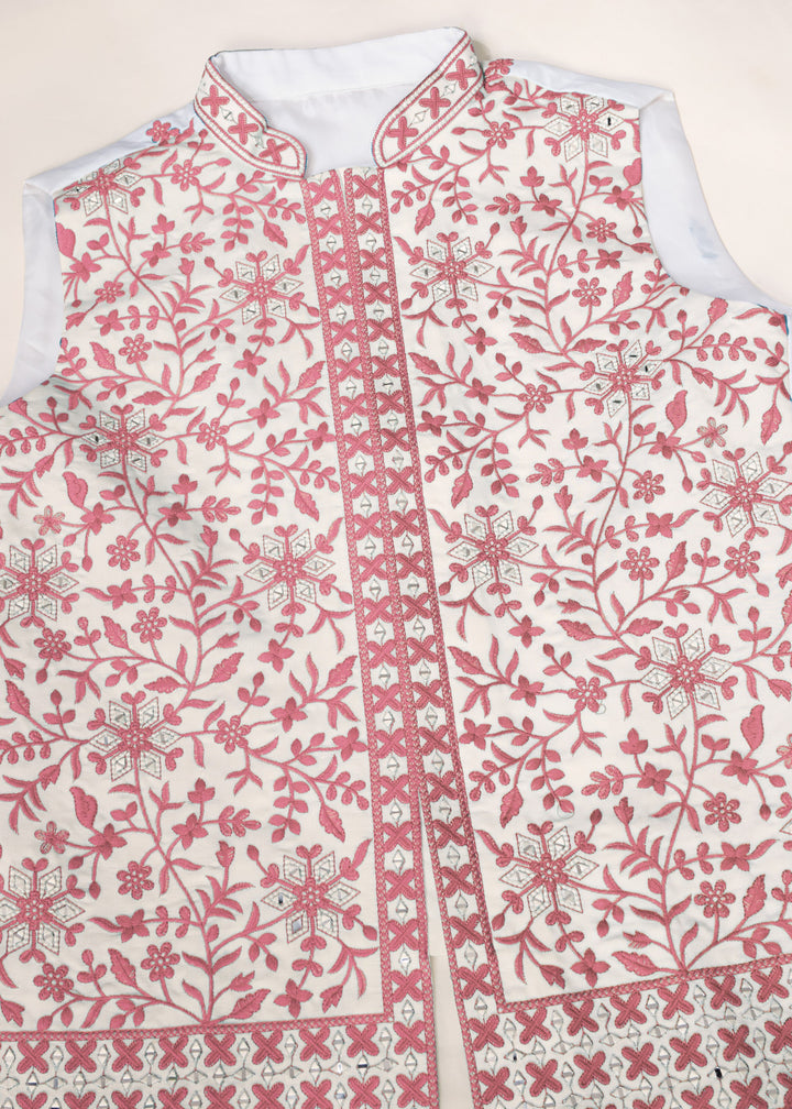 White Kurta And Pant With A Pink And White Embroidered Nehru Jacket