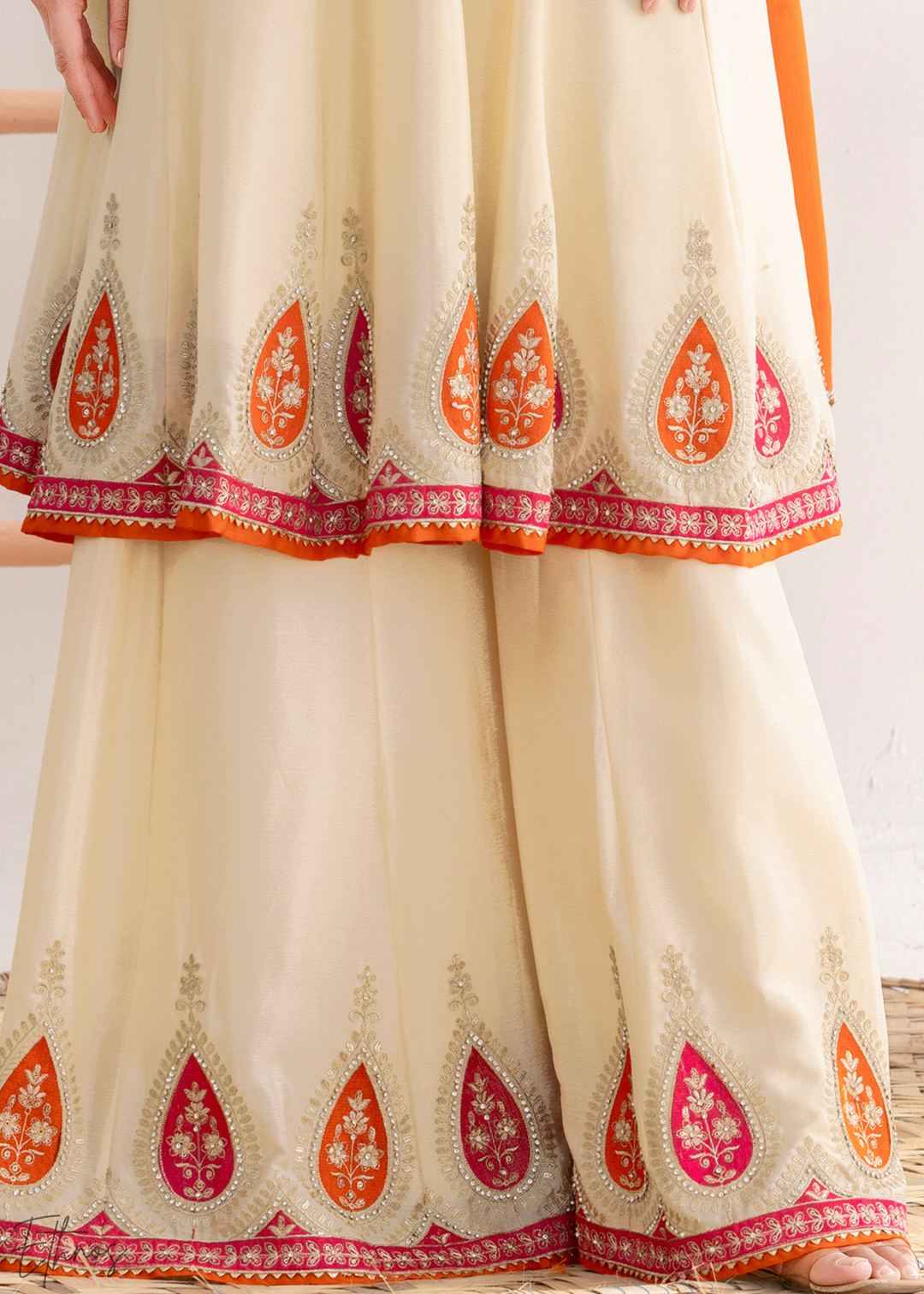 Off-White Appliqué Chinon Anarkali Sharara Suit