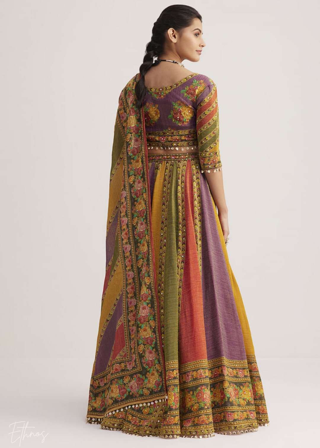 Multi-Color Panel-Printed Organza Silk Lehenga Set