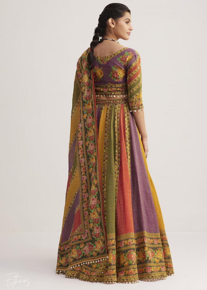 Multi-Color Panel-Printed Organza Silk Lehenga Set