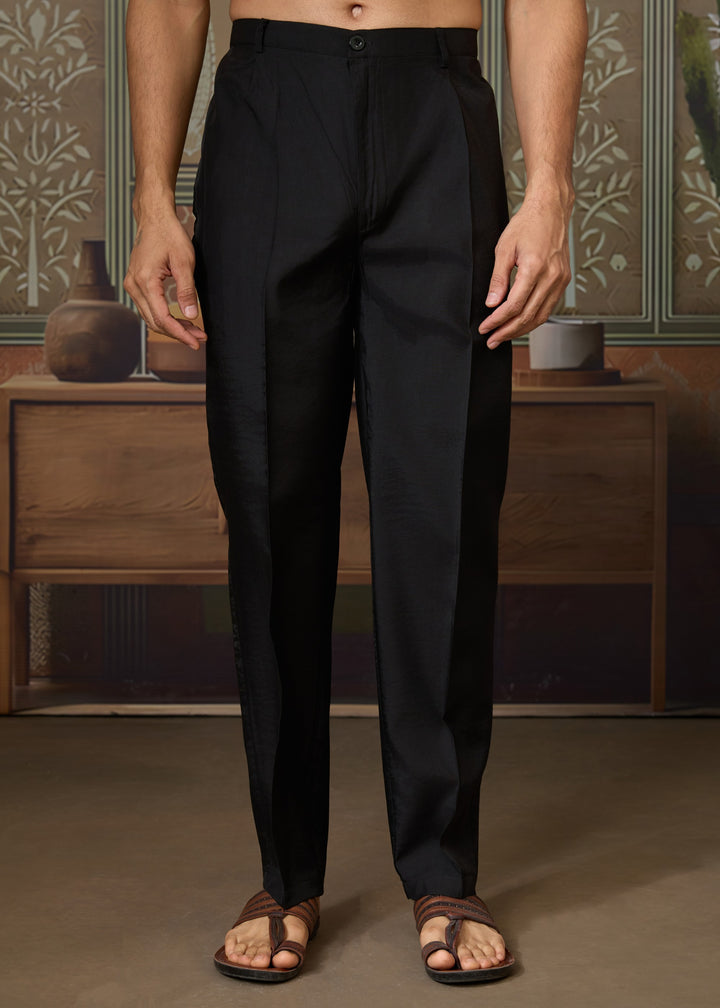 Jet Black Mens Wear Koti Style with Silk Kurta and Pajama