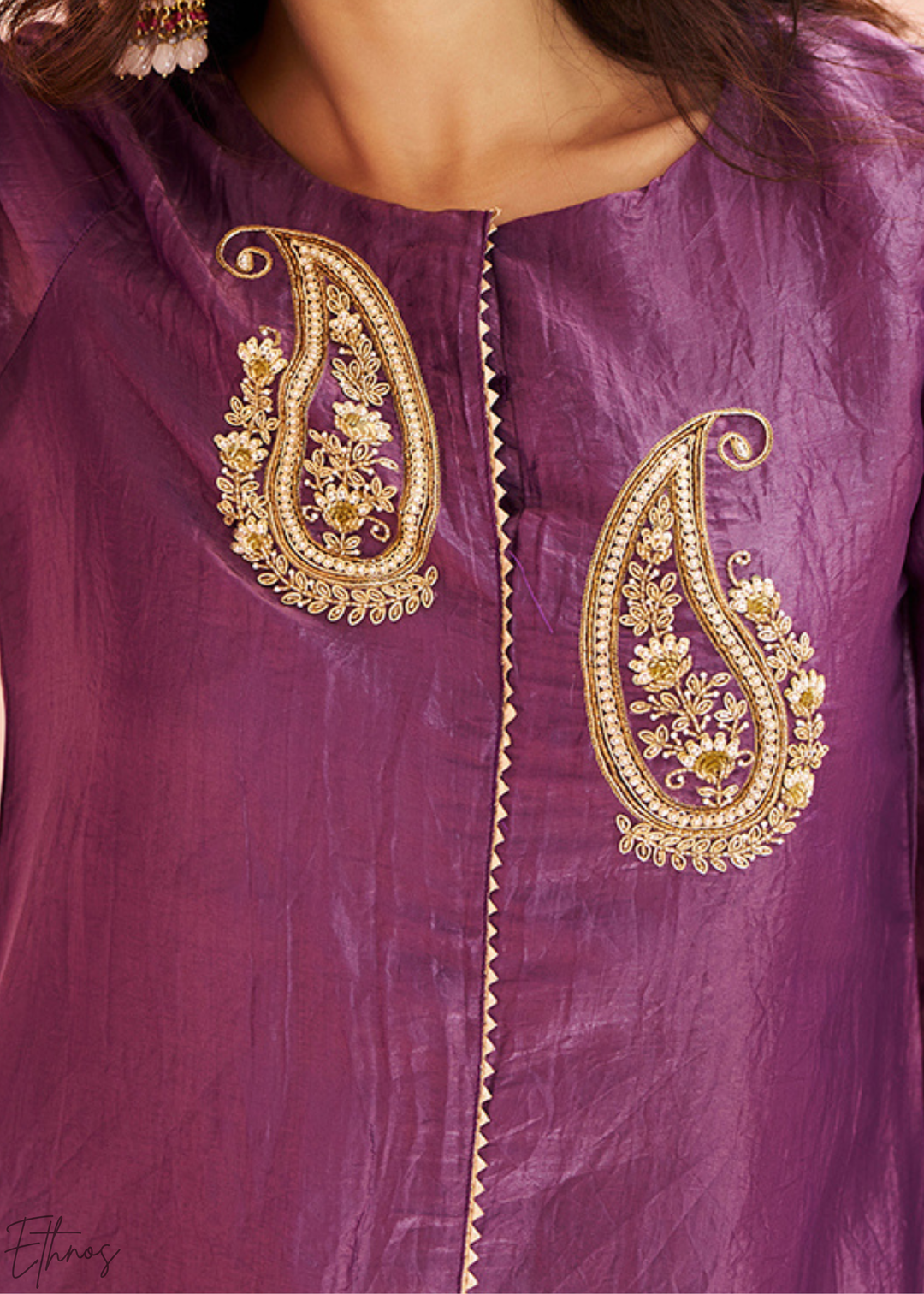 Plum Purple Paisley-Embroidered Organza Pant Suit