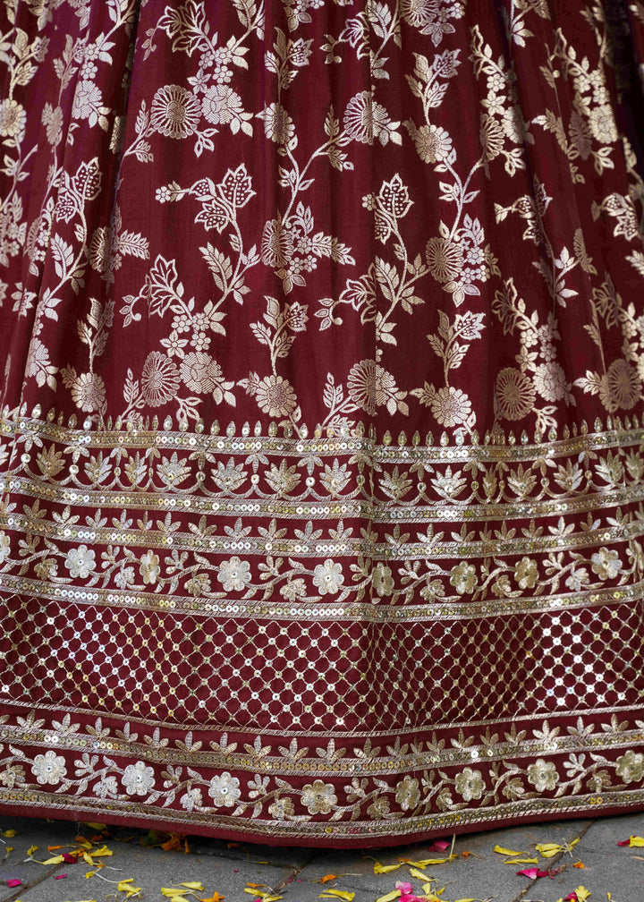 Maroon Sequins and Zari Embroidery Work Silk Lehenga
