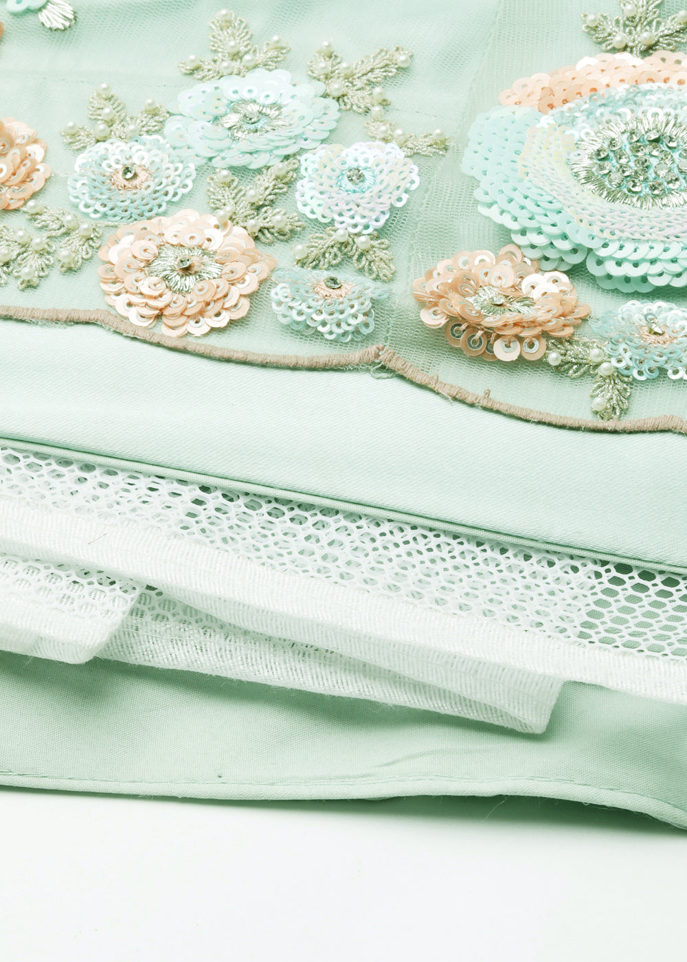 Shades Of Green Net Lehenga Choli with Sequins & Zarkan Embroidery work