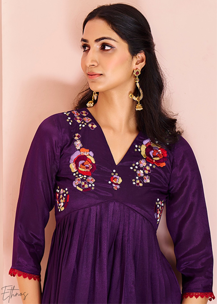 Wine Purple Yoke Embroidered Frock Kurti Palazzo Set