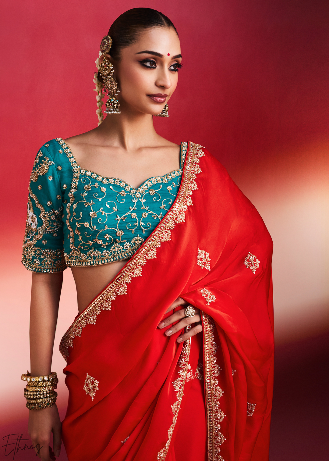 Crimson Scarlet Paisley Trim Border Soft Silk Saree