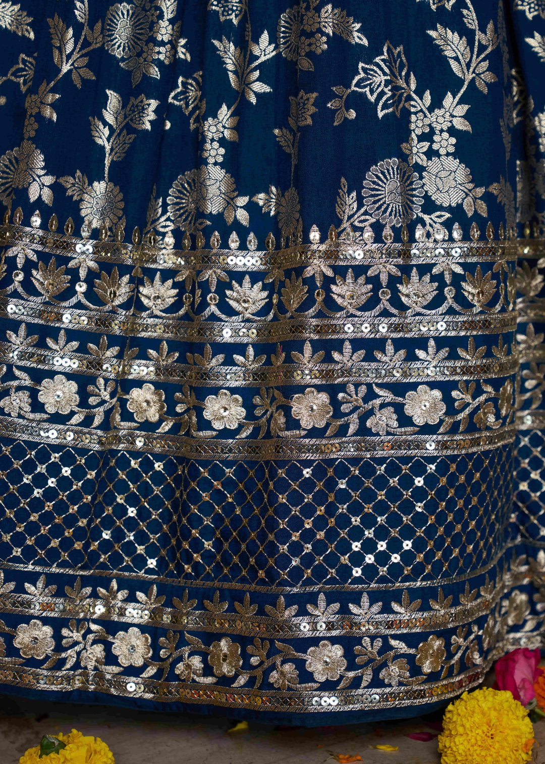 Dove Blue Sequins and Zari Embroidery Work Silk Lehenga