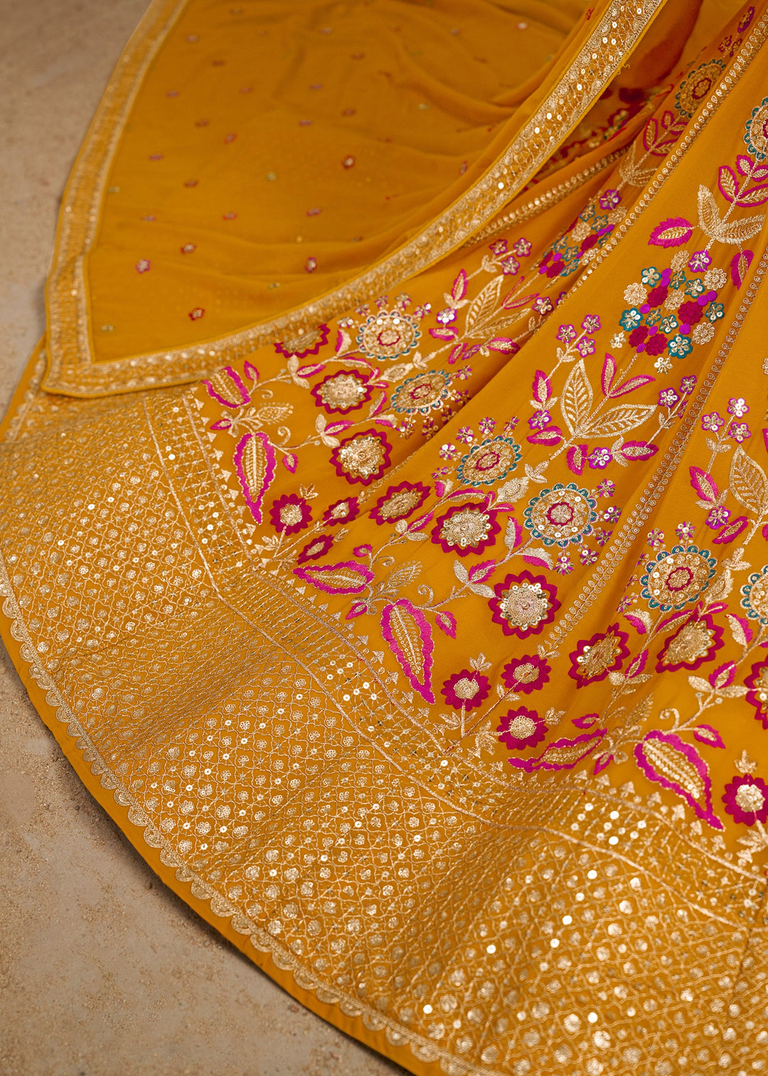 Yellow Sequins And Zari With Dori And Resham Embroidery Work Georgette Lehenga
