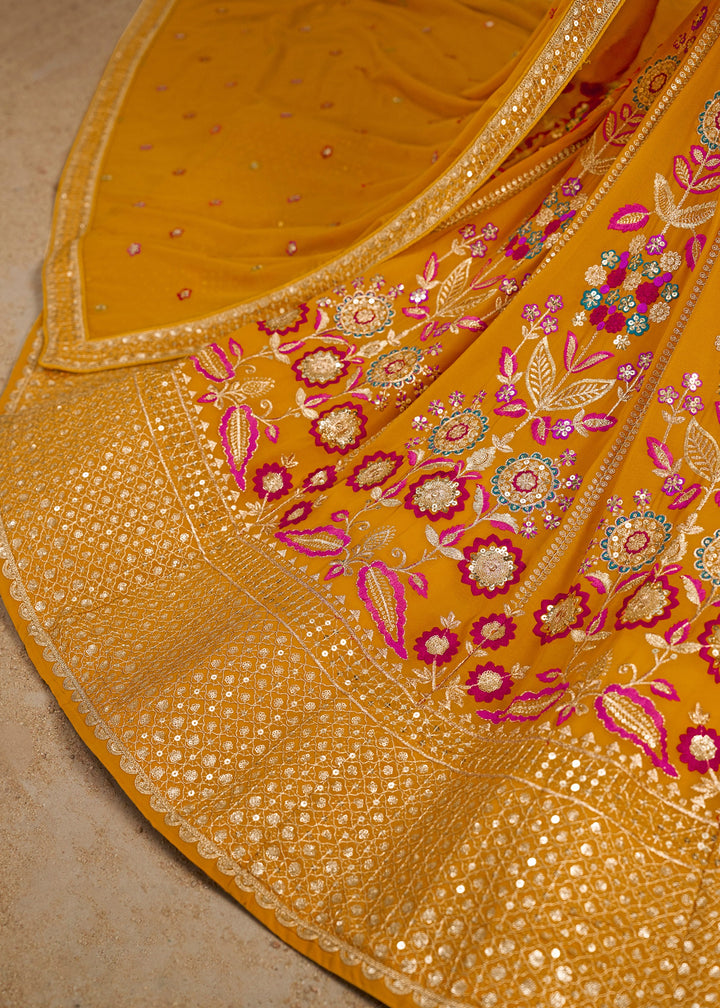 Yellow Sequins And Zari With Dori And Resham Embroidery Work Georgette Lehenga