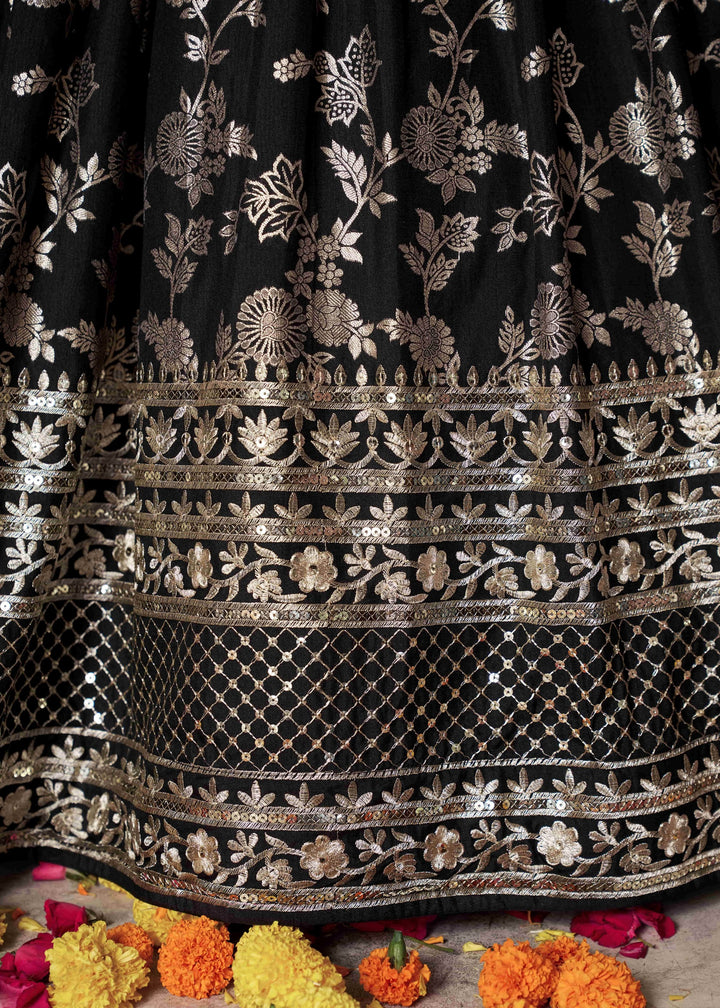 Black Sequins and Zari Embroidery Work Silk Lehenga