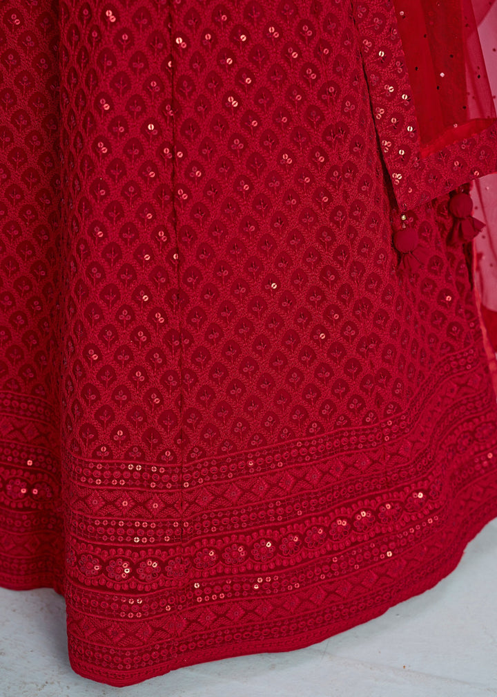 Red Georgette Lehenga With Sequins and Thread Embroidered Work