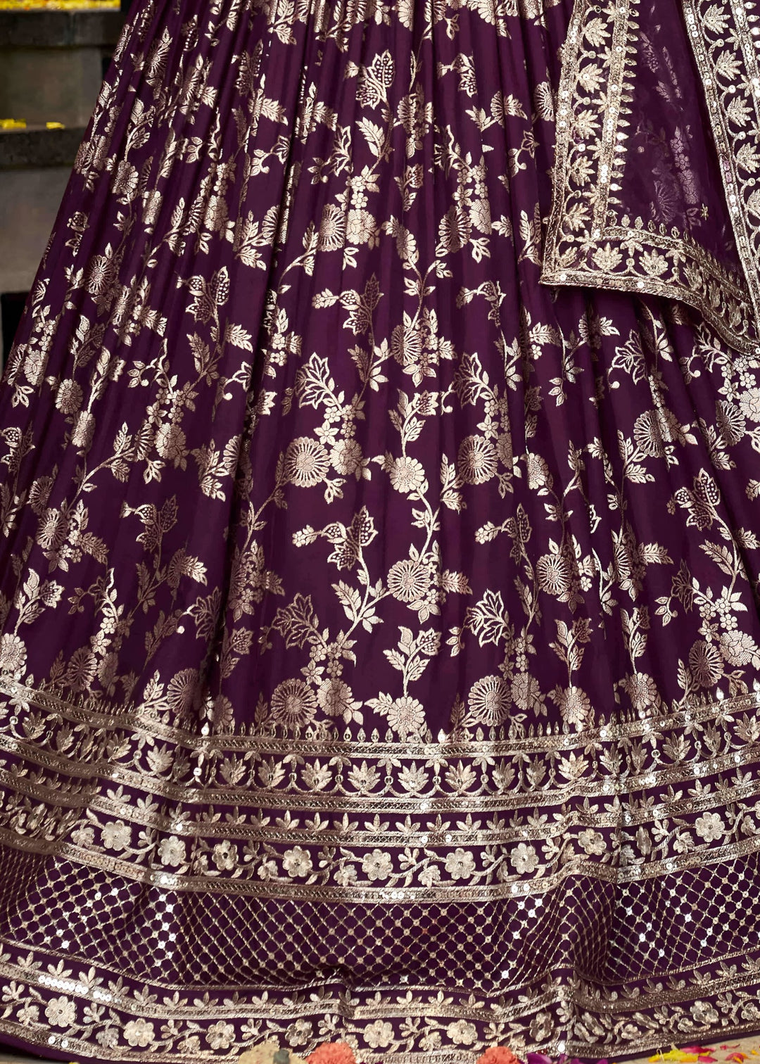 Wine Sequins and Zari Embroidery Work Silk Lehenga