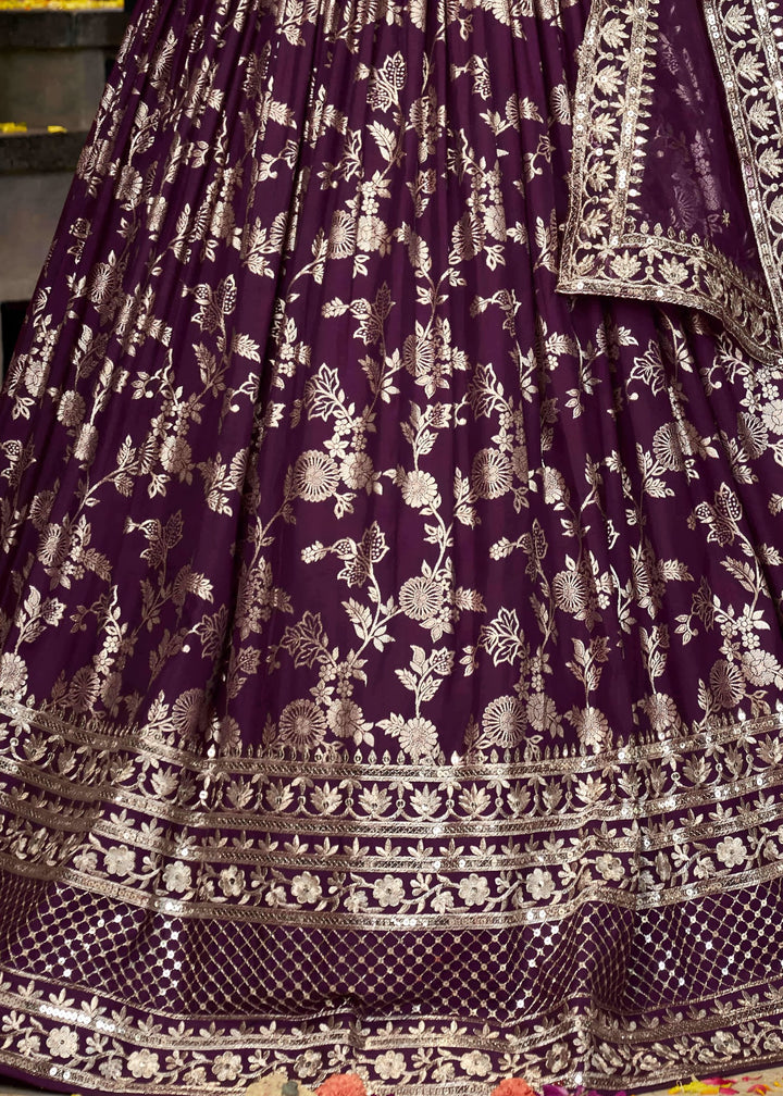 Wine Sequins and Zari Embroidery Work Silk Lehenga