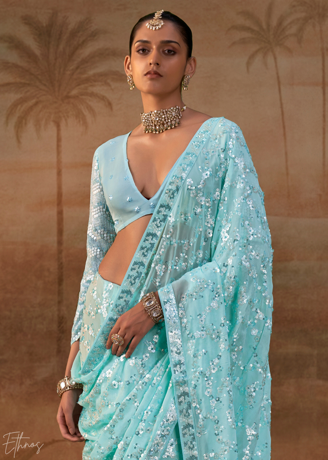Aquamarine Blue Iridescent Sequin Blossom Georgette Saree