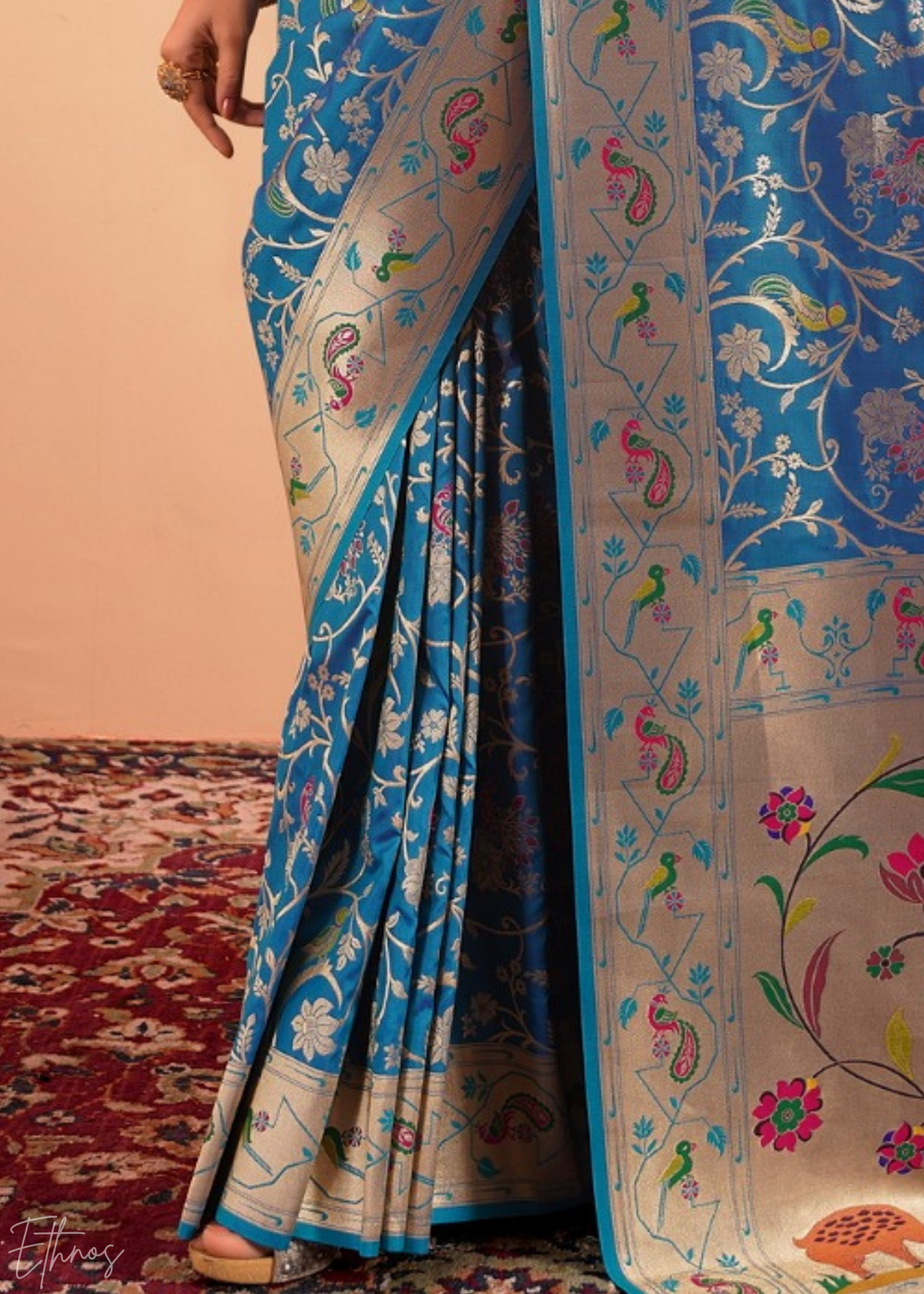 Aegean Blue Menagerie Paithani Silk Saree