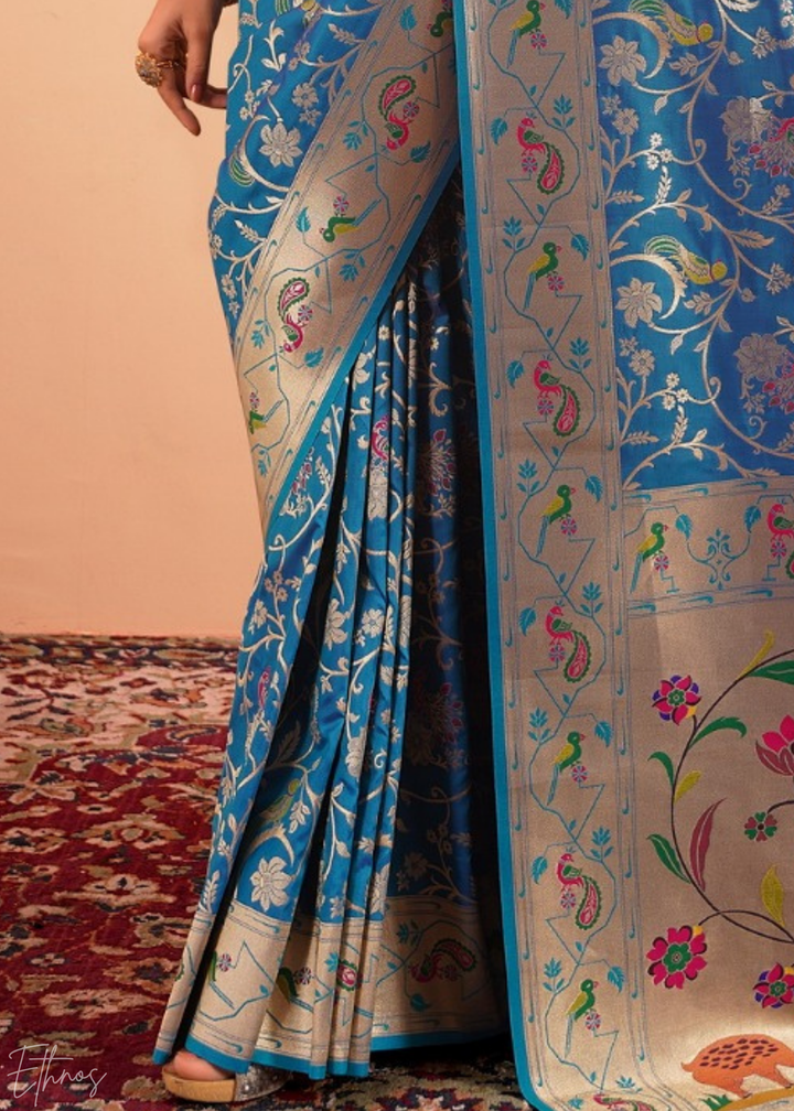 Aegean Blue Menagerie Paithani Silk Saree