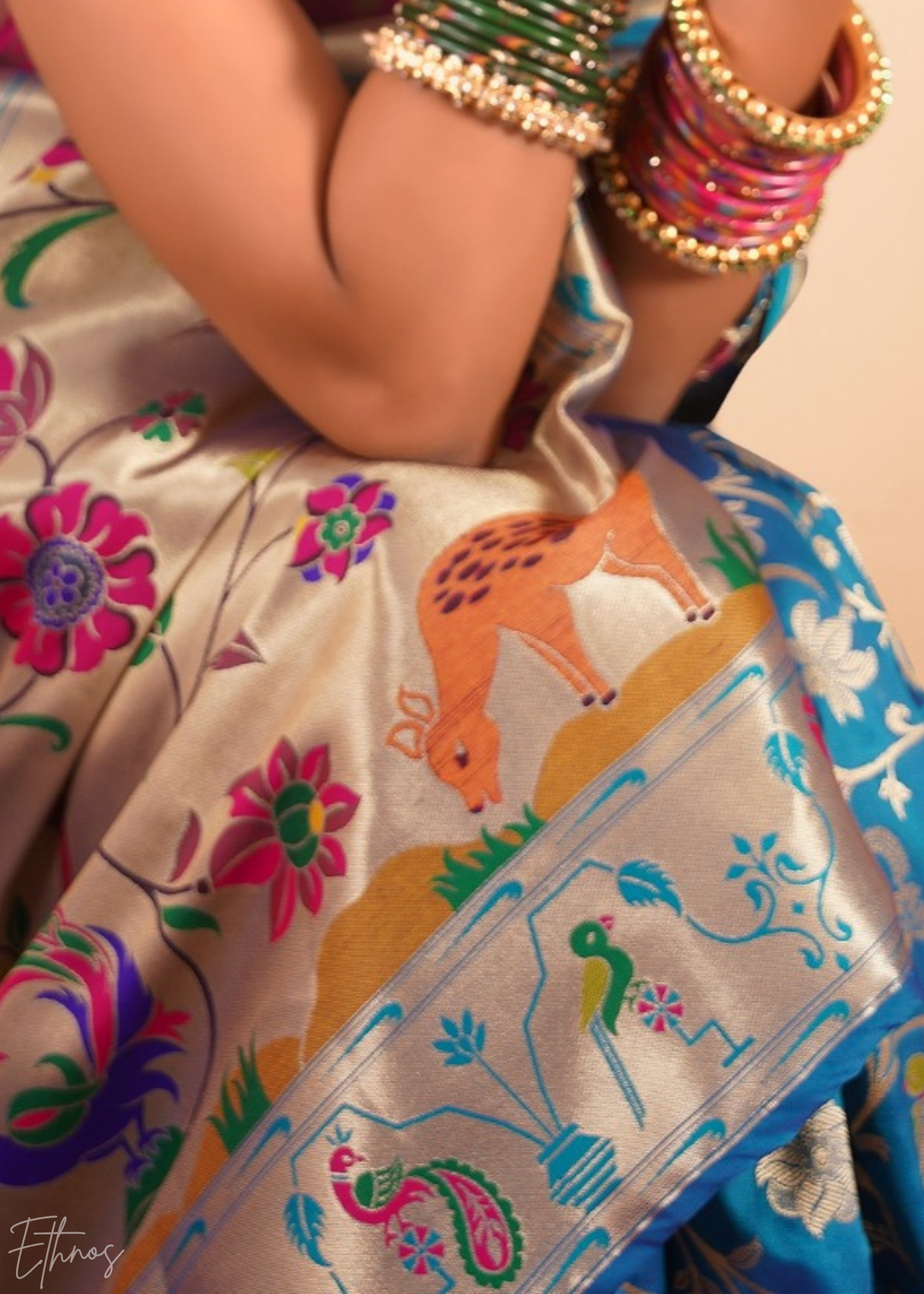 Aegean Blue Menagerie Paithani Silk Saree