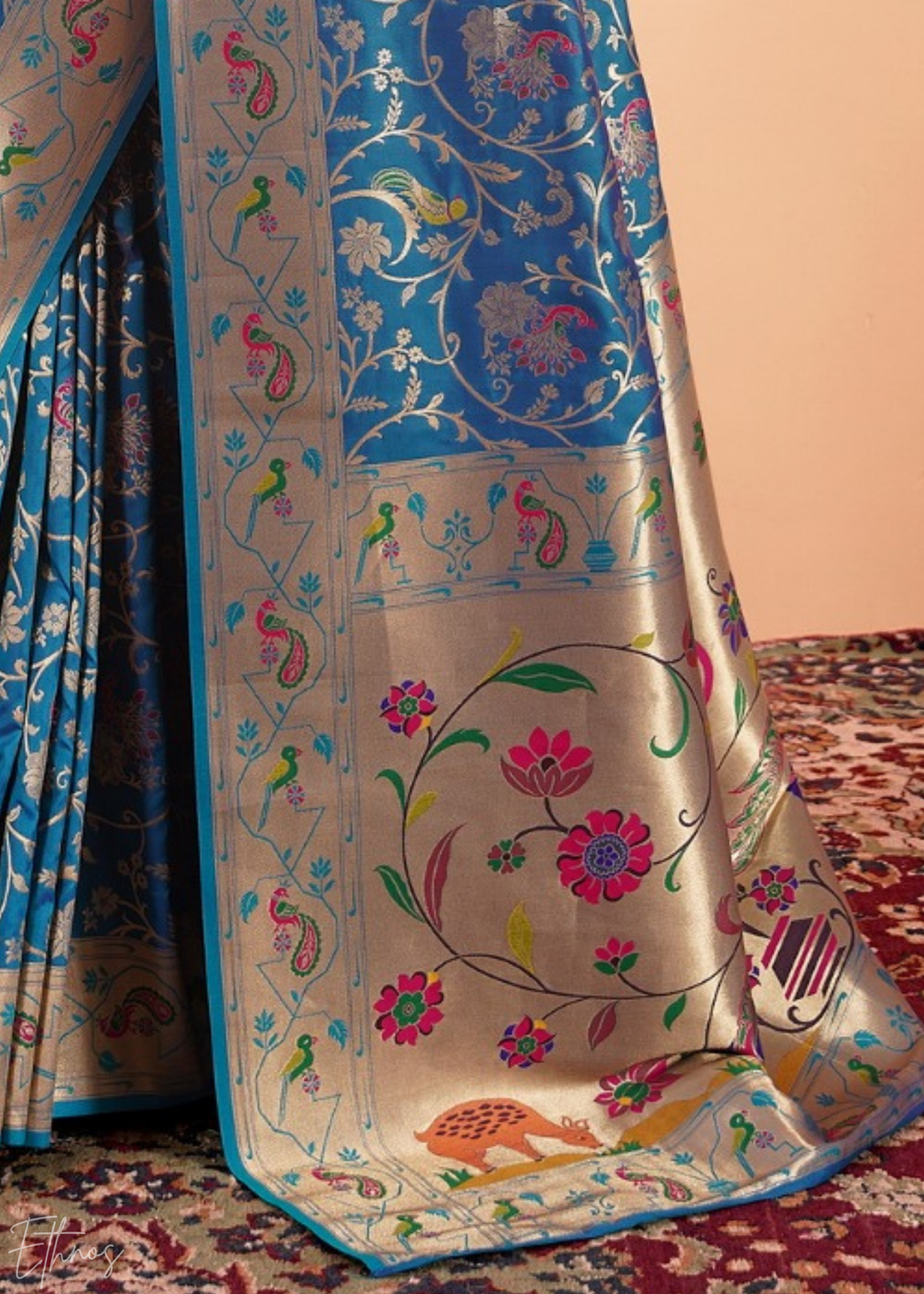 Aegean Blue Menagerie Paithani Silk Saree