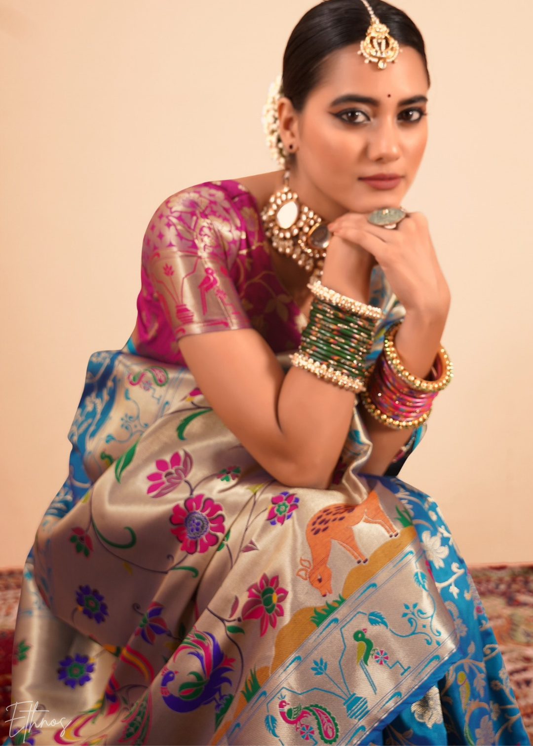 Aegean Blue Menagerie Paithani Silk Saree