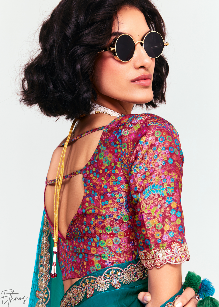 Aegean Teal Embroidered Tissue Saree