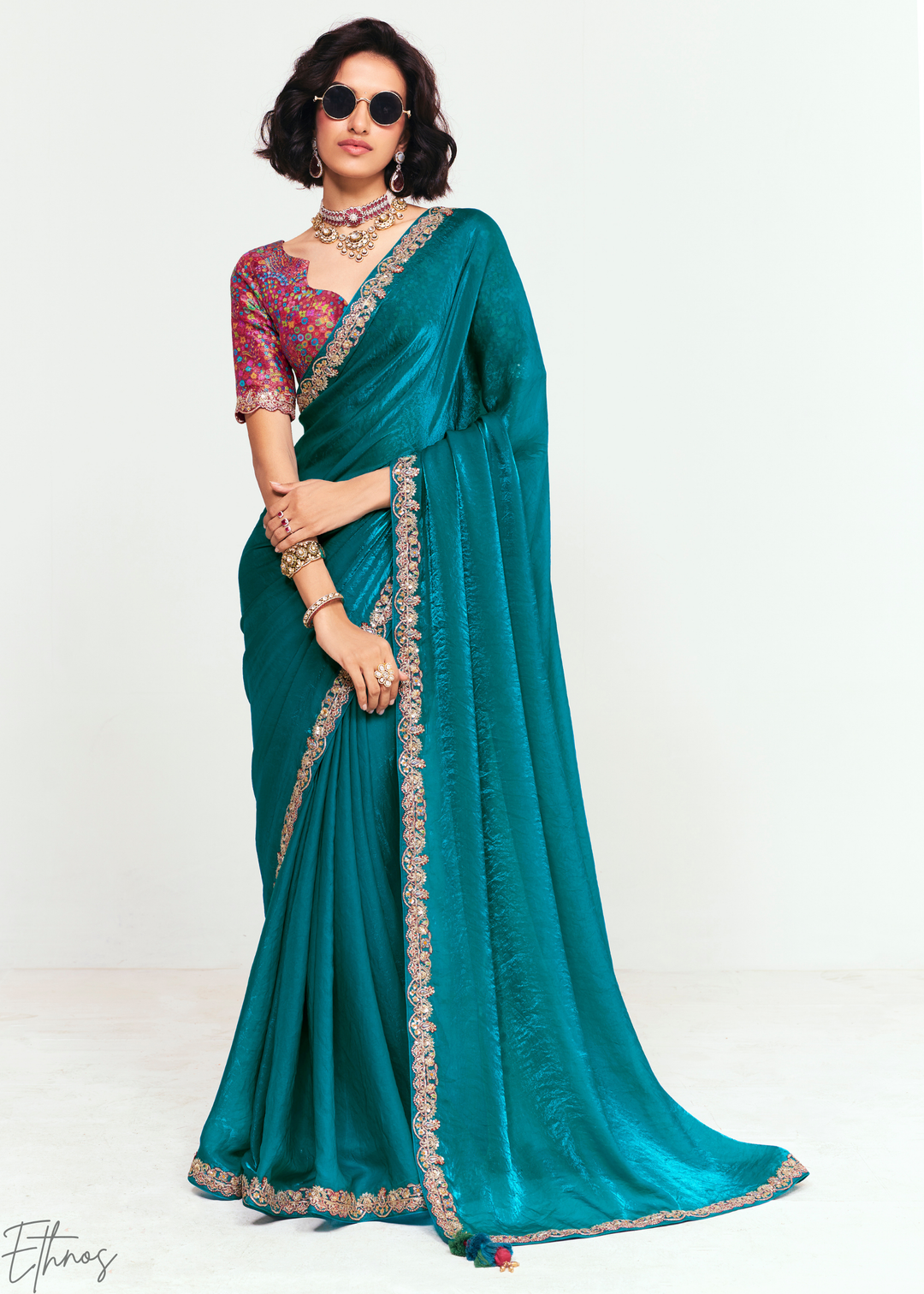 Aegean Teal Embroidered Tissue Saree