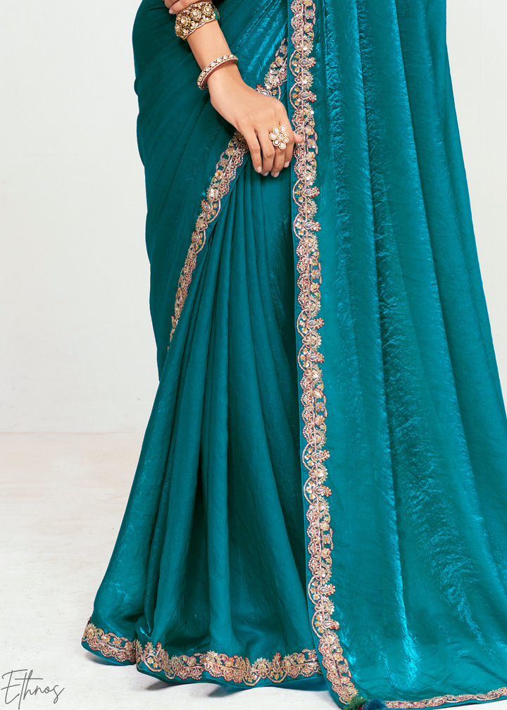 Aegean Teal Embroidered Tissue Saree