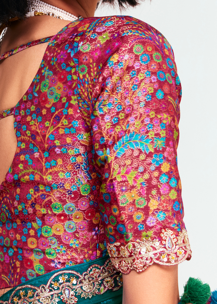 Aegean Teal Embroidered Tissue Saree