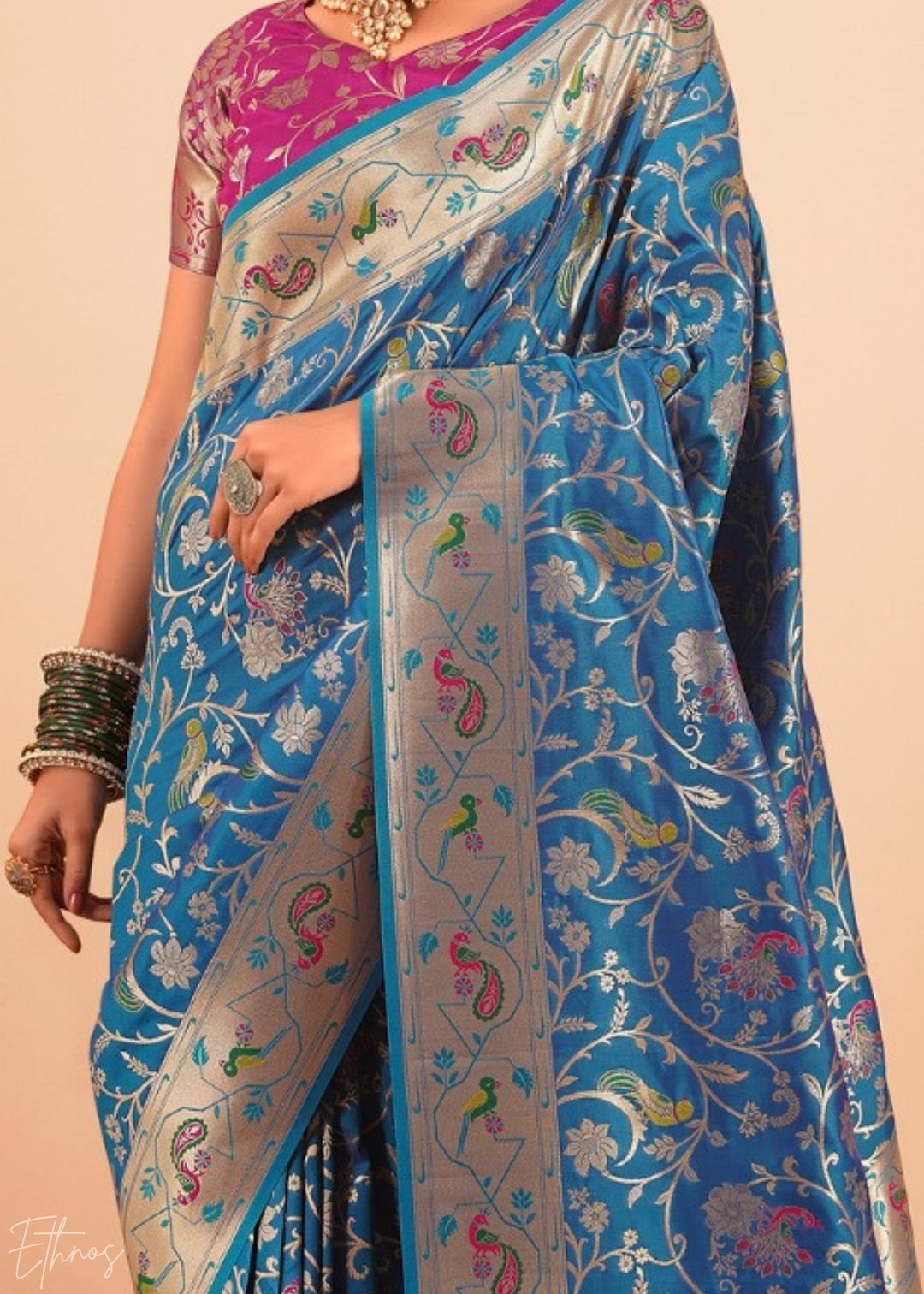 Aegean Blue Menagerie Paithani Silk Saree