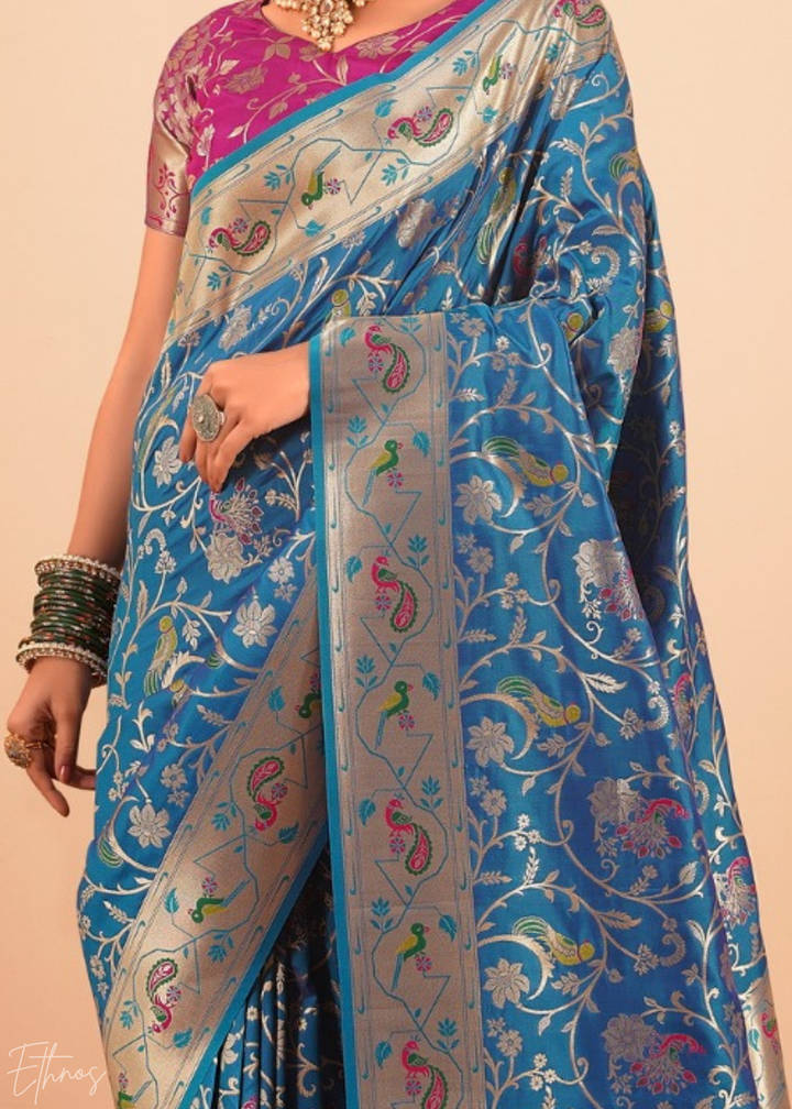 Aegean Blue Menagerie Paithani Silk Saree