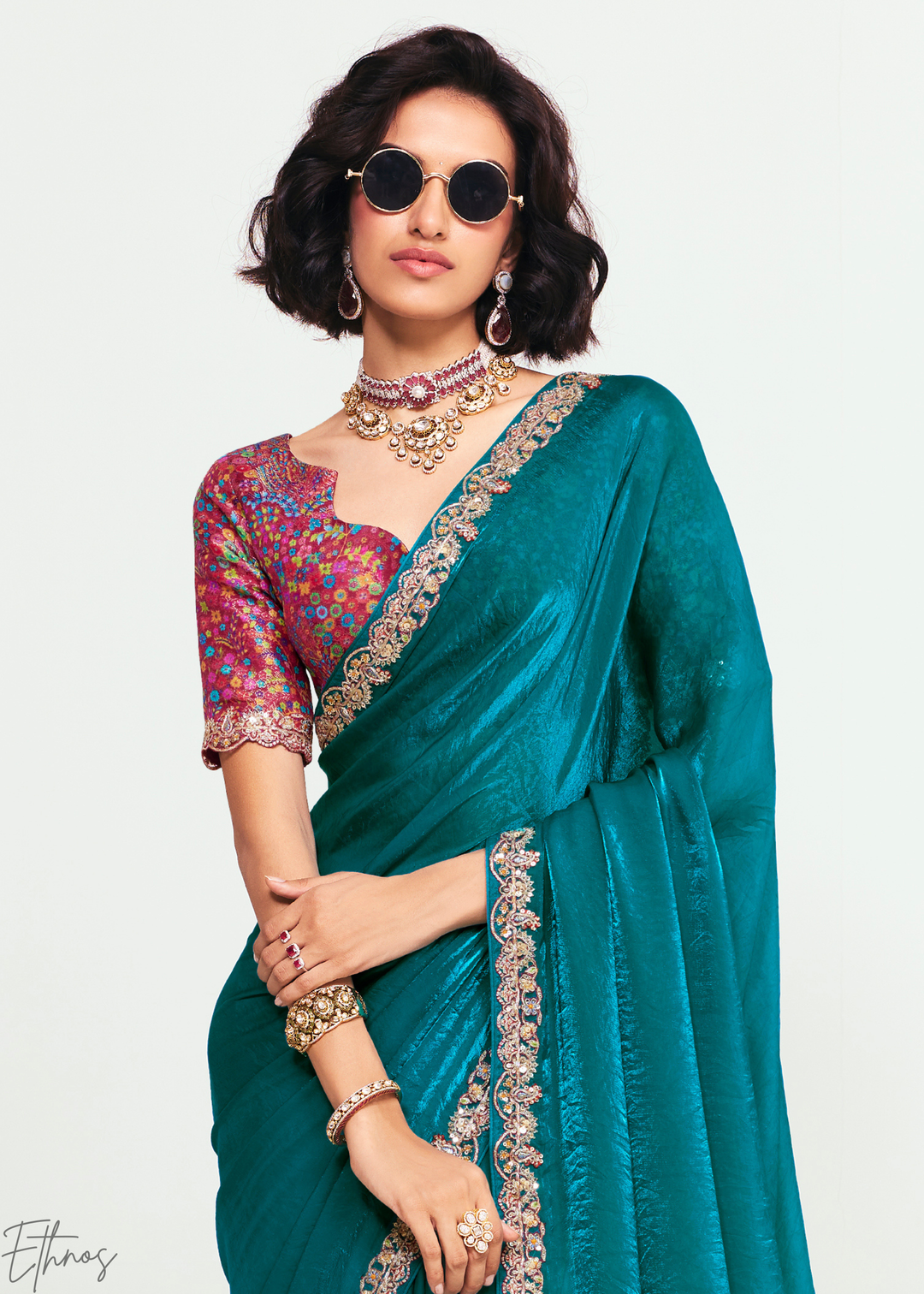 Aegean Teal Embroidered Tissue Saree
