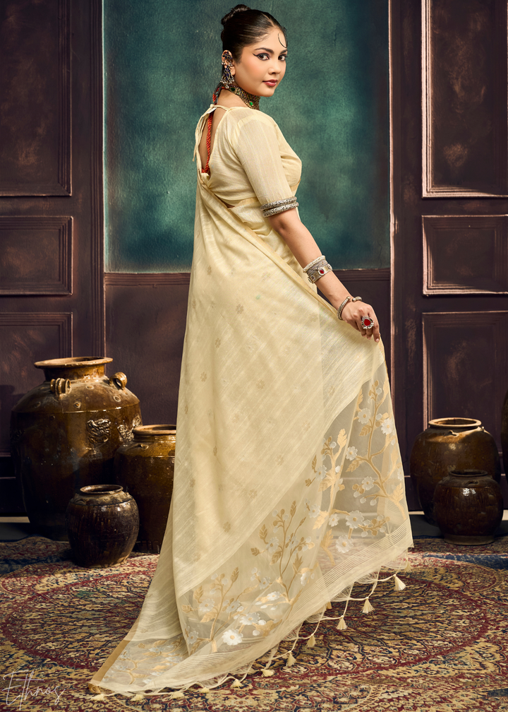Alabaster Cream Artisan Floral Weave Munga Cotton Saree