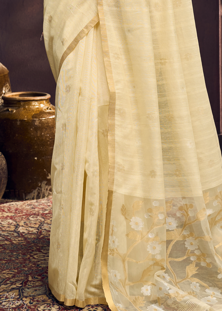Alabaster Cream Artisan Floral Weave Munga Cotton Saree