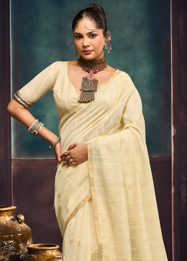 Alabaster Cream Artisan Floral Weave Munga Cotton Saree