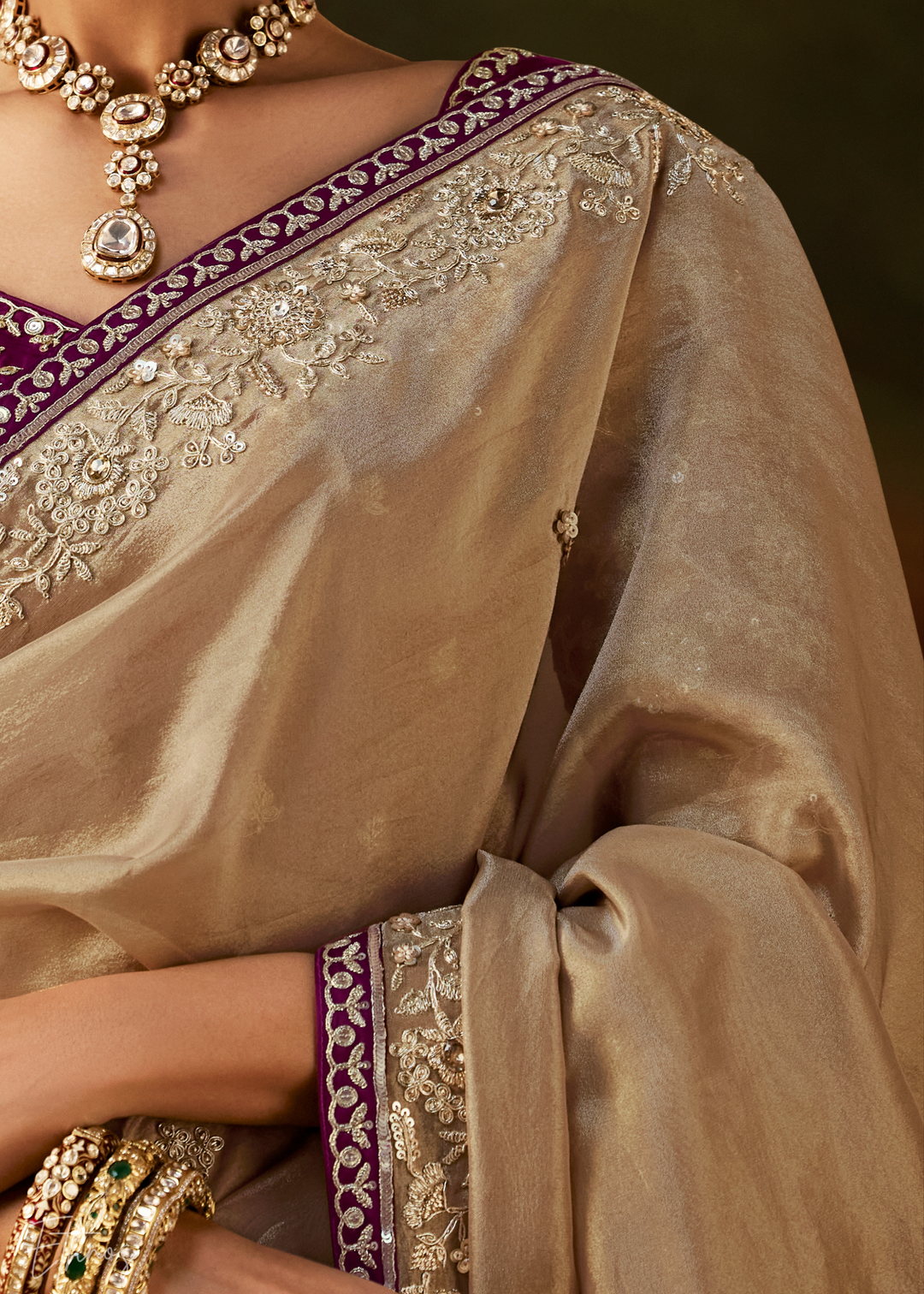 Alabaster Cream Tambour Embroidered Border Tissue Saree