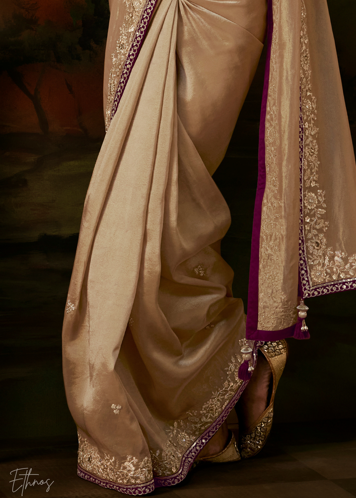 Alabaster Cream Tambour Embroidered Border Tissue Saree