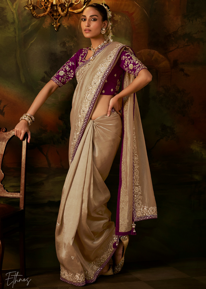 Alabaster Cream Tambour Embroidered Border Tissue Saree