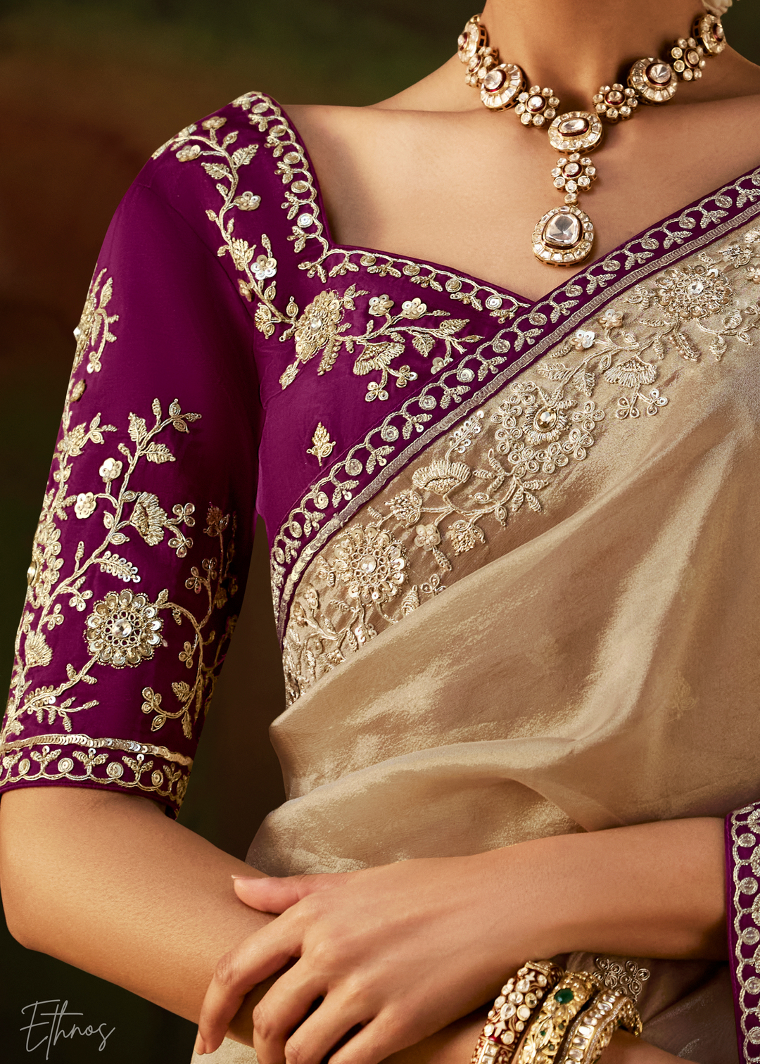 Alabaster Cream Tambour Embroidered Border Tissue Saree