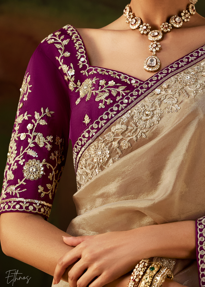 Alabaster Cream Tambour Embroidered Border Tissue Saree