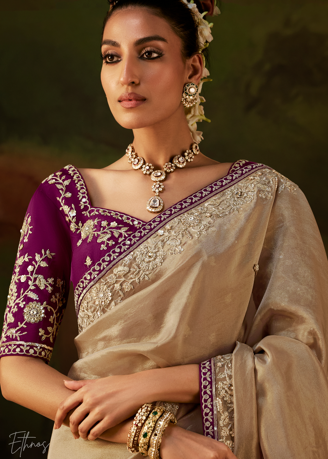 Alabaster Cream Tambour Embroidered Border Tissue Saree