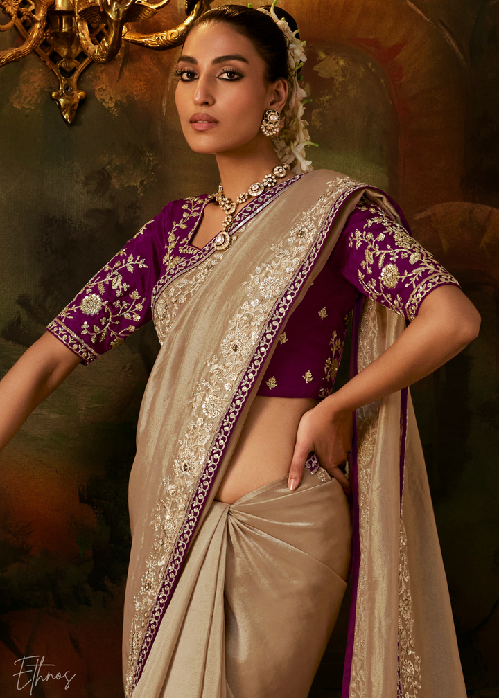 Alabaster Cream Tambour Embroidered Border Tissue Saree