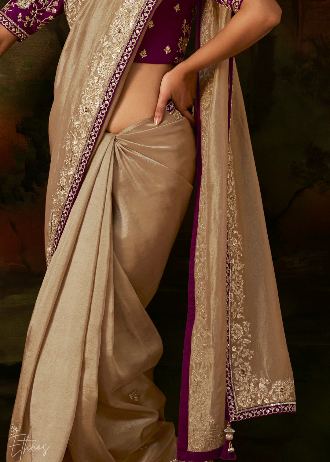 Alabaster Cream Tambour Embroidered Border Tissue Saree