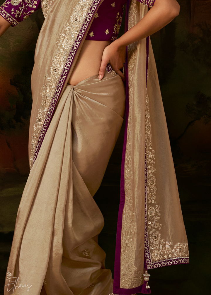 Alabaster Cream Tambour Embroidered Border Tissue Saree