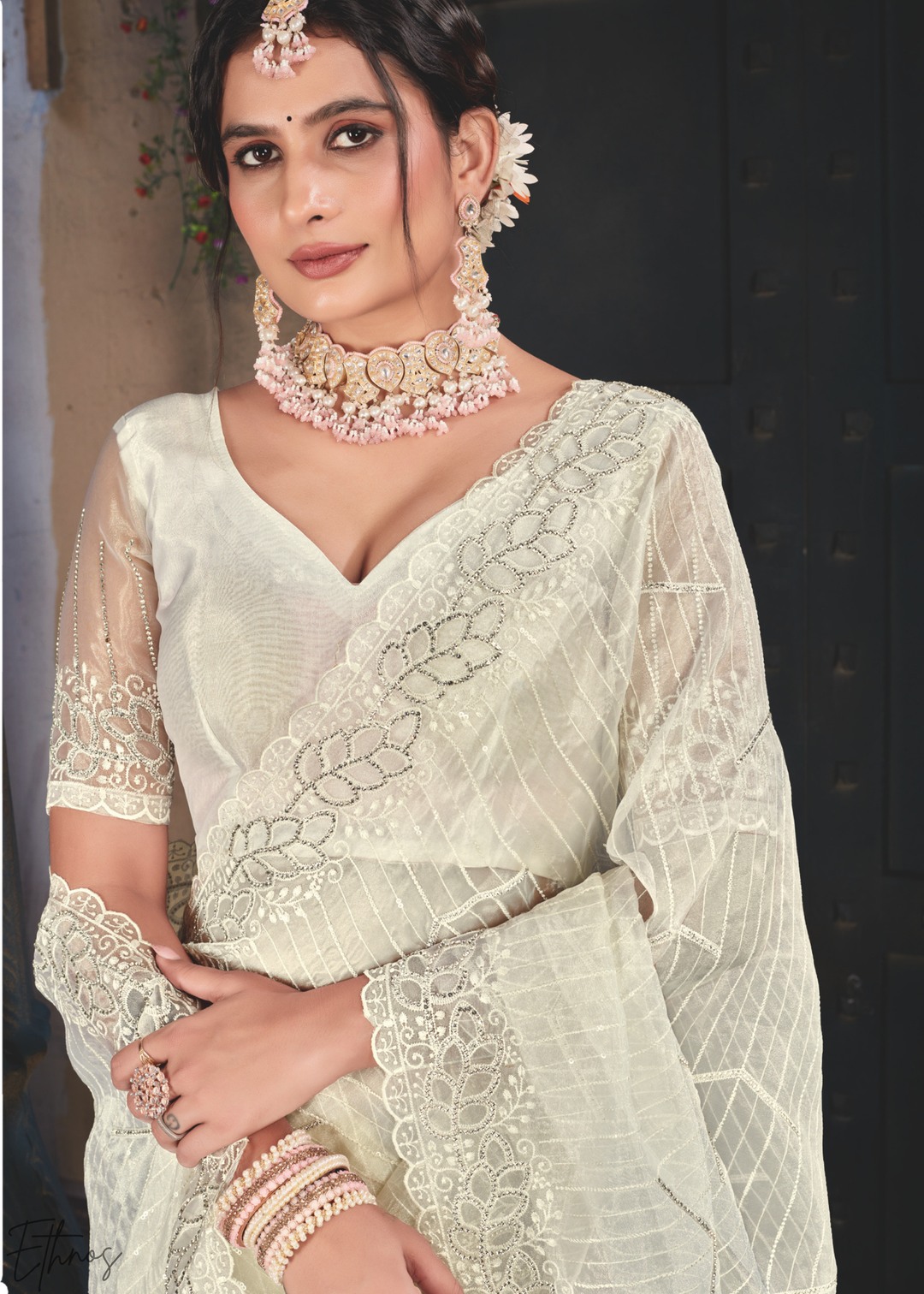 Alabaster Filigree Embroidered Tissue Art Silk Saree