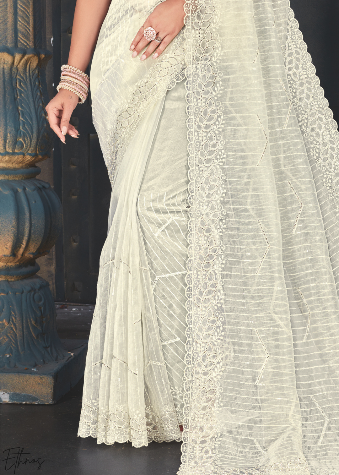 Alabaster Filigree Embroidered Tissue Art Silk Saree