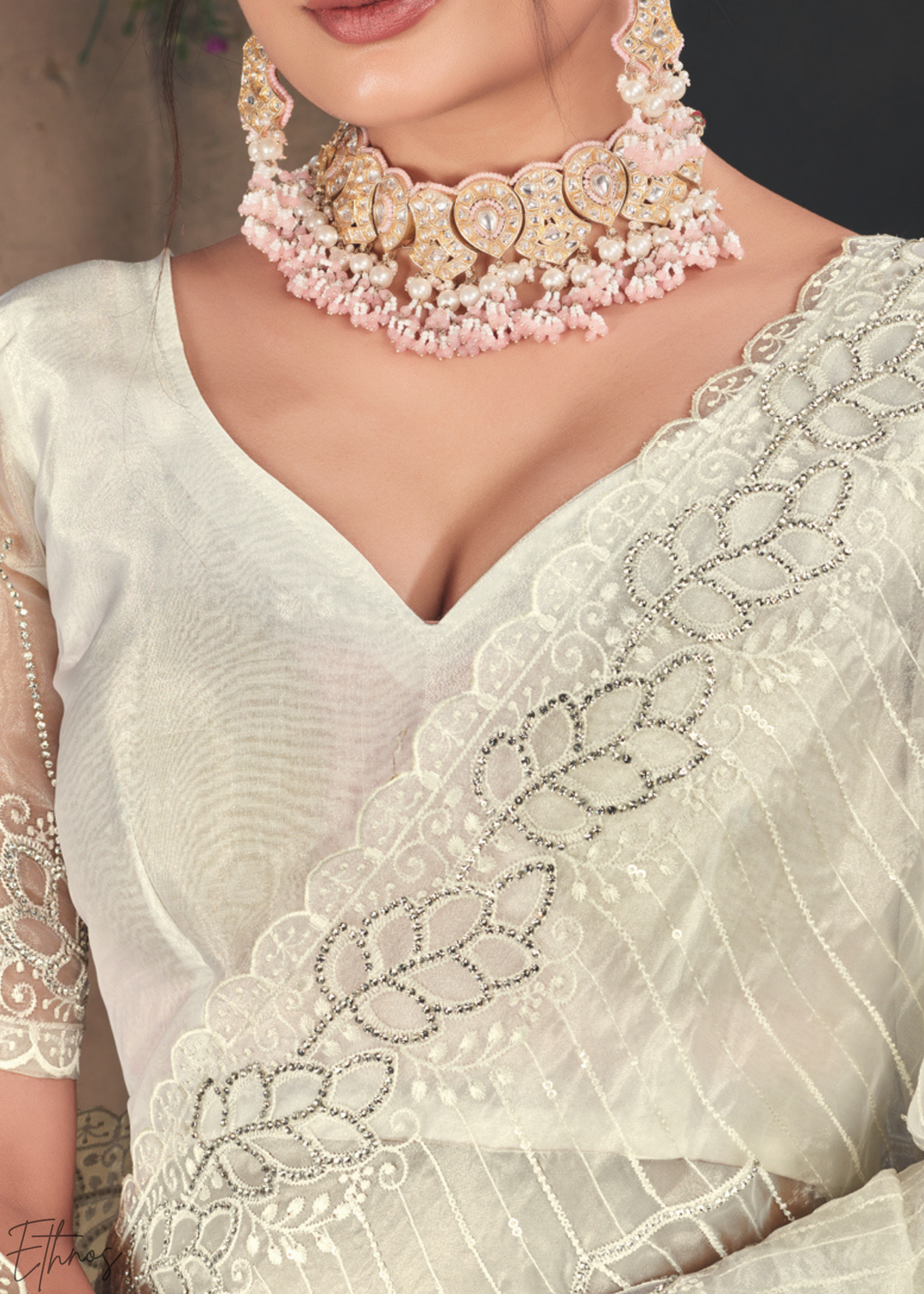 Alabaster Filigree Embroidered Tissue Art Silk Saree