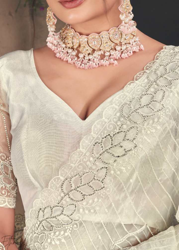 Alabaster Filigree Embroidered Tissue Art Silk Saree